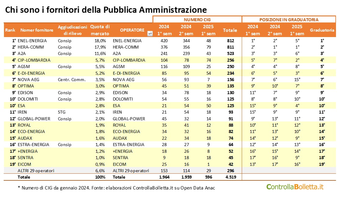 Con quali fornitori le PA si approvvigionano di energia?