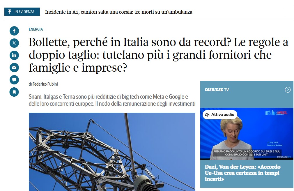 Arera, j'accuse del Corriere della Sera
